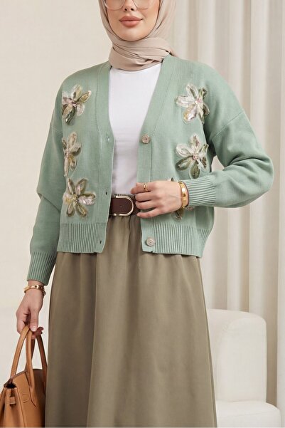 Modamorfo Buttoned Knitwear Cardigan with Sequins and Floral Details on the F...