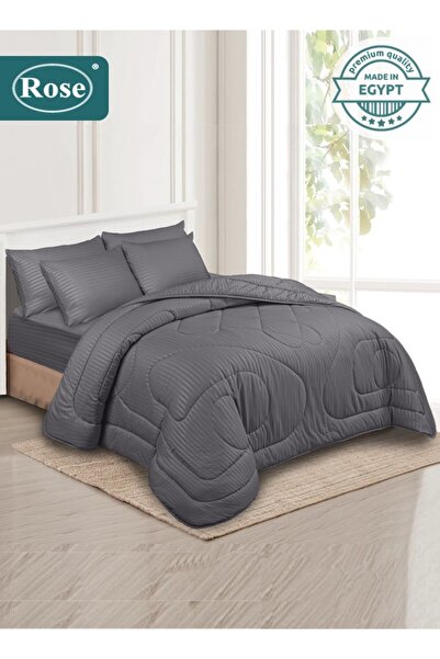 Rose طقم لحاف فندقي مخطط من الألياف الدقيقة، 6 قطع، يناسب سرير مقاس كينغ 200×...