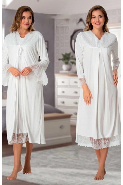 Effortt Dvina Maternity Lace Detailed Long Sleeve Dressing Gown and Nightgown...