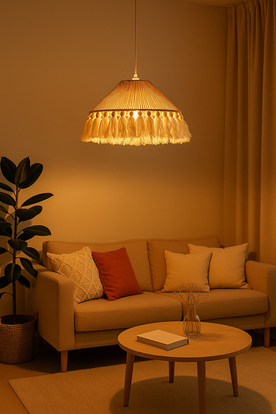 moontime alaçatı El Yapımı Bohem Jüt İpli Püsküllü Konik Avize Şapka Makrome