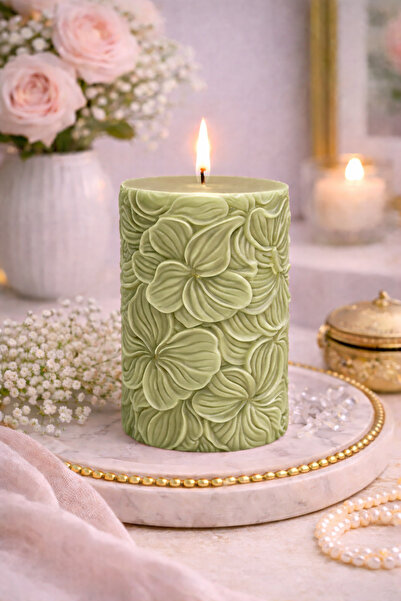 mahimaison Kabartmalı Çiçek Desenli Silindir Dekoratif Mum