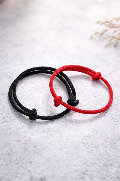 Crc Bijuteri Sevgili Çift Bilekliği Kırmızı Siyah İp Bileklik Seti