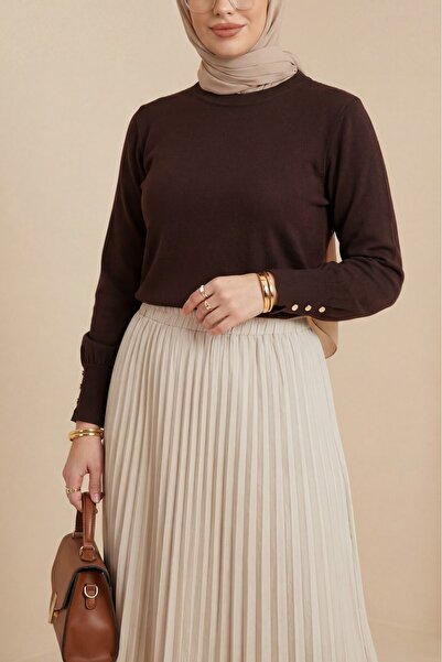 Modamorfo Yuvarlak Yaka Kolu Düğme Detaylı Triko Tunik -k. Kahve