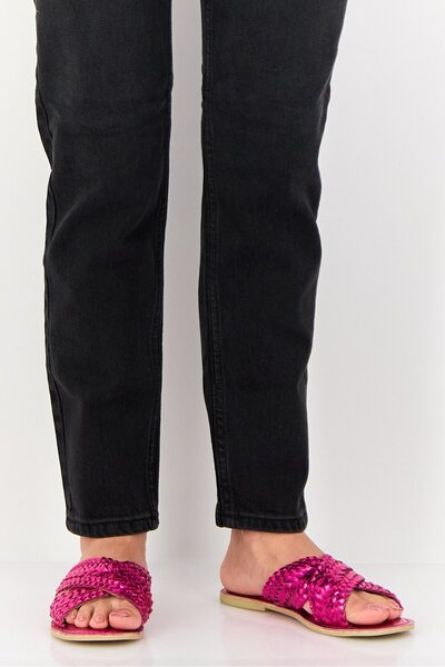 PROMOD Women Metallic Criss Cross Strap Slip On Flats, Fuchsia