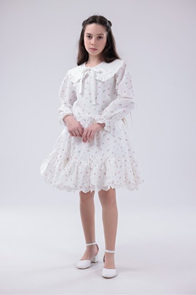 EYLÜL ELİF BUTİK Ruffle Collar Long Sleeve Stylish Vintage Girls' Dress