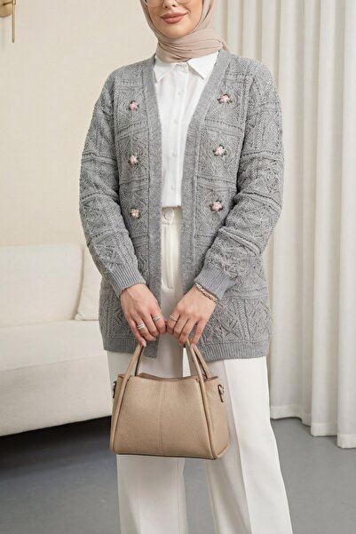 Modamorfo Lace-Like Knit Embroidered Cardigan - Gray