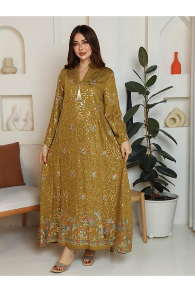 TREN Women's Mustard Sequin Jalabiya Flowing Modest Reception Gown with Intri...