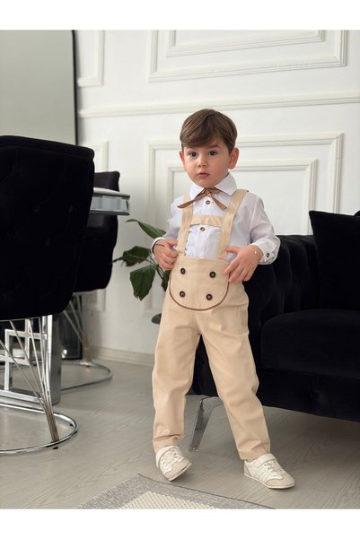 Z KİDS 4-Button White Shirt Bow Tie Salopet Suit Set for Baby Boy