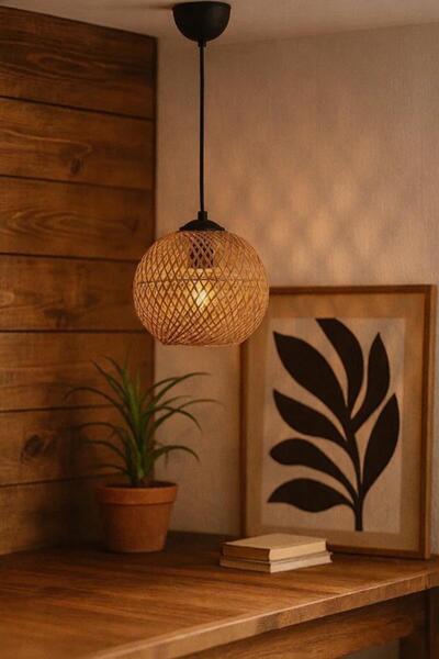 moontime alaçatı Şık Hasır Ipli Sarkıt Avize, Siyah Kablo, Doğal ve Modern Ay...