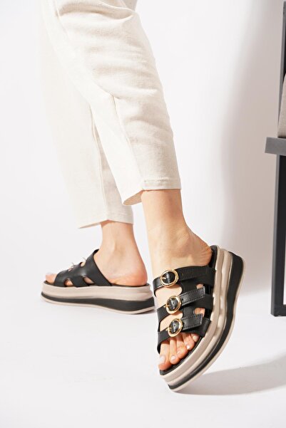 Moda Pie حذاء ريسن ثري بانت بإبزيم نسائي بنعل سميك شبشب أسود