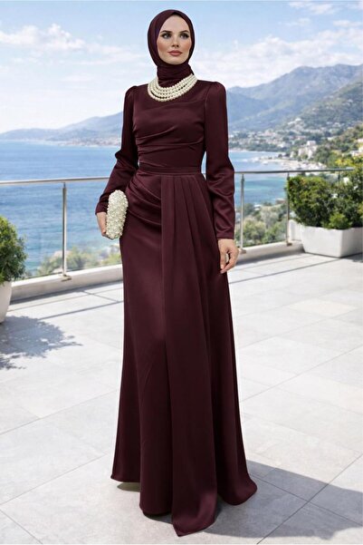 TRENDTESETTÜR KADIN BORDO İNCİ KOLYELİ ABİYE ELBİSE T 1510