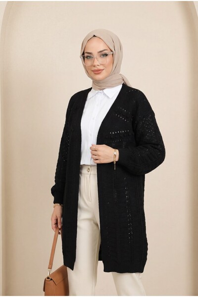 Modamorfo Pompom Mixed Pattern Araboy Knitwear Cardigan - Black
