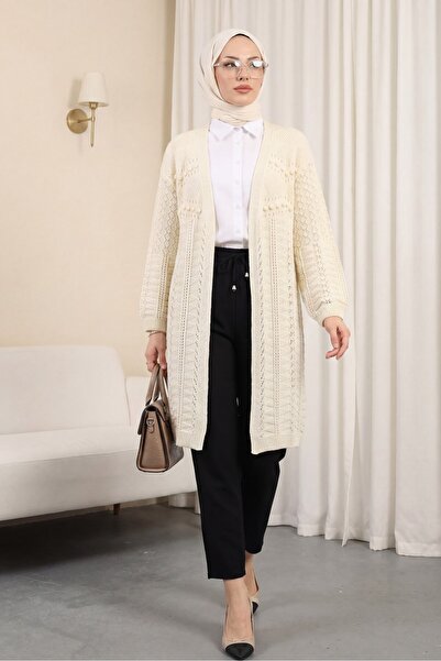 Modamorfo Pom-pom mixed pattern araboy knit cardigan - cream