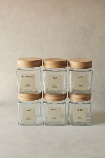 Dekorzdükkan طقم بامبو علب توابل زجاجية مربعة الشكل مع أغطية - 300 مل