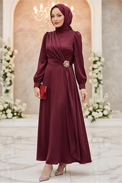 TRENDTESETTÜR KADIN BORDO AKSESUAR DETAYLI ABİYE ELBİSE T 3626