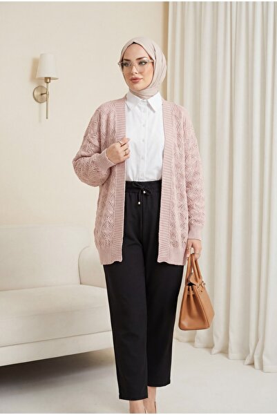 Modamorfo Patterned Araboy Knitted Knitwear Cardigan -Powder