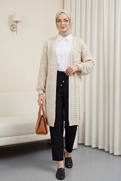 Modamorfo Pompom Mixed Pattern Araboy Knitwear Cardigan -Stone