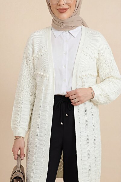Modamorfo Pom-pom mixed pattern araboy knit cardigan - ecru