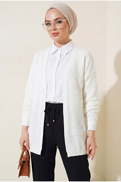 Modamorfo Lace-Like Knit wave Patterned knitted cardigan -ecru