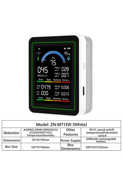 Choice1 جهاز مراقبة جودة الهواء Tuya WiFi 10 في 1 أبيض اللون، مزود بخاصية مرا...