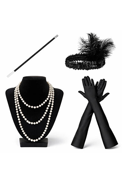 Epilons Set de accesorii Charleston din anii '20 – Colier cu perle, Mănuși, S...