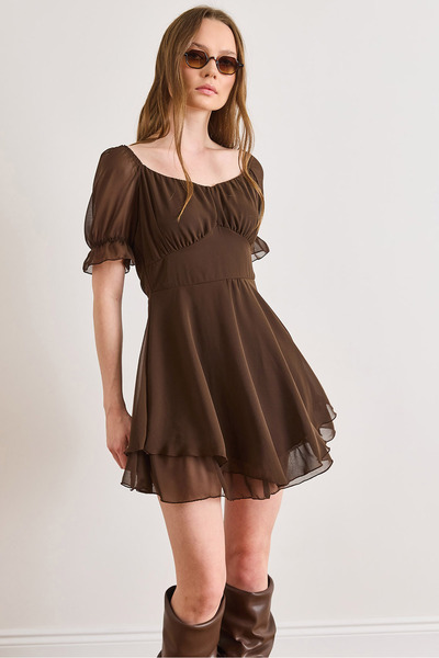 Olalook Women's Brown Lined Skirt Ruffled Mini Chiffon Dress Elb-19002598