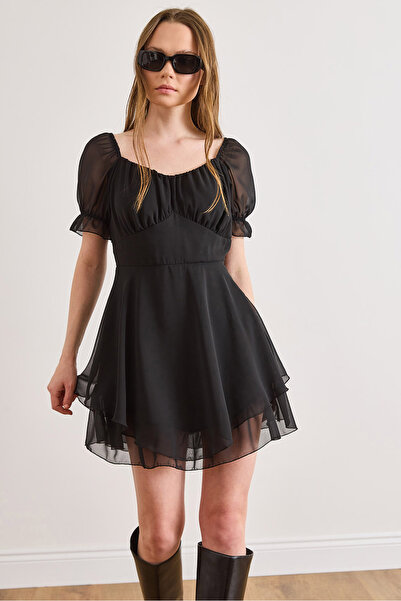 Olalook Ženska crna Postavljeno suknja Sa volanima mini šifonska haljina ELB-...