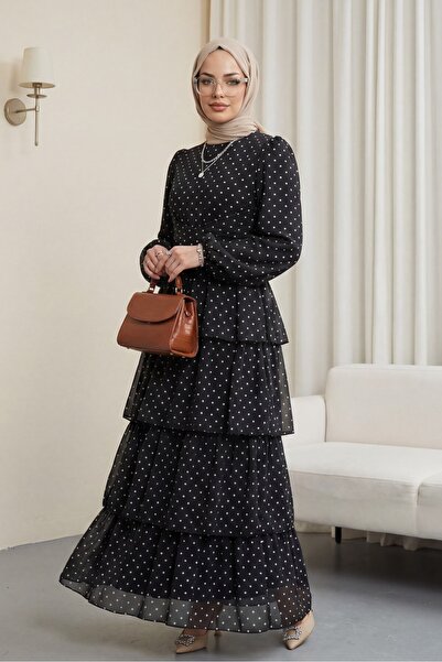 Modamorfo Çapraz Bağlamalı Eteği Kat Kat Puantiyeli Şifon Elbise -Siyah