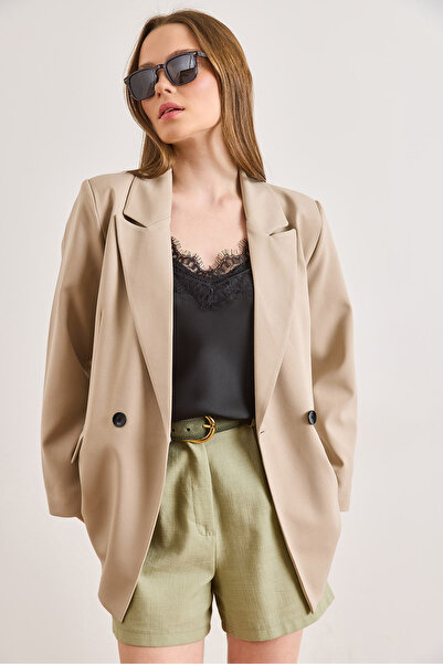 Olalook Дамско бежово подплатено сако с двойно закопчаване от поливискоза CKT...