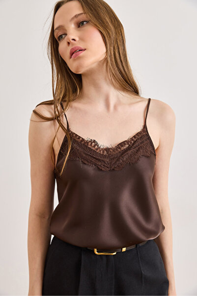 Olalook Women's Brown Adjustable Strap Lace Detailed Tok Satin Blouse Blz-190...