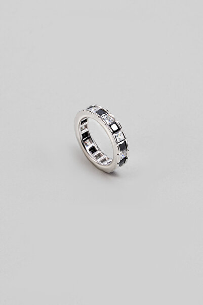 So CHIC... Siyah Taşlı 18 Ayar Beyaz Altın Kaplama Gümüş Yüzük