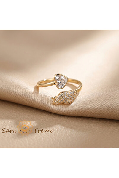 SaraTremo Heart Wing Ring – 14K Gold Plated Ring with White Zirconia