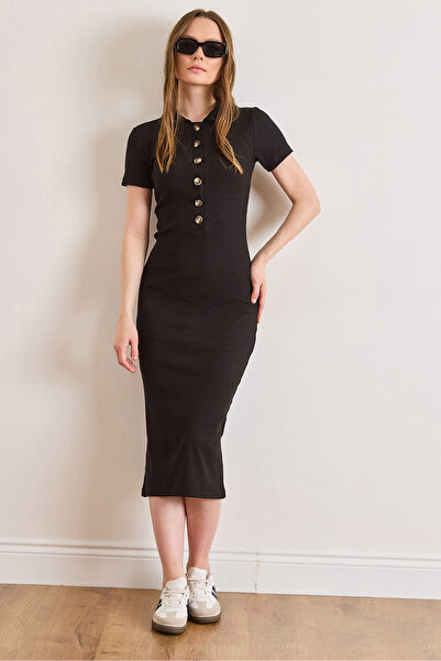 Olalook Kadın Siyah Polo Yaka Düğmeli Midi Pamuk Elbise ELB-19002597
