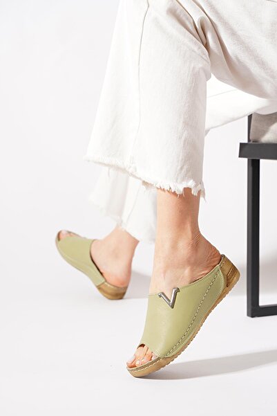 Moda Pie Disten Yan Με αγκράφα Flat Face Γνήσιο Δέρμα Γυναικείο Παντόφλες Πρά...