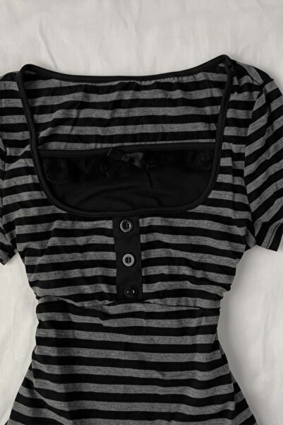 Karakedi Basic Collar Snap Detail Black Inner Bodyli Ç Striped Short Sleeve Crop