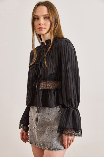 Olalook Women's Black Lace Detailed Textured Boho Blouse Blz-19003243