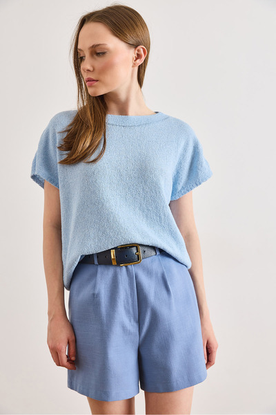 Olalook Women's Baby Blue Wide Collar Batwing Transitional Knitwear Blouse Bl...