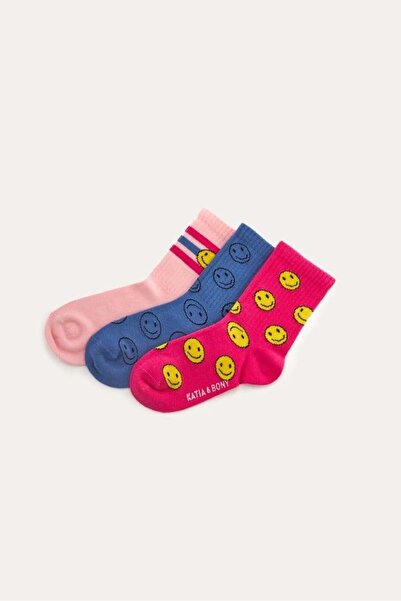 BONY SOCKS Girl's Colorful Smiling Face Detailed 3-Piece Socks Fuchsia-Blue-Pink