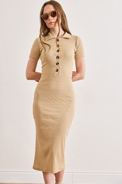 Olalook Rochie midi cu guler polo și nasturi Stone pentru femei bumbac ELB-19...