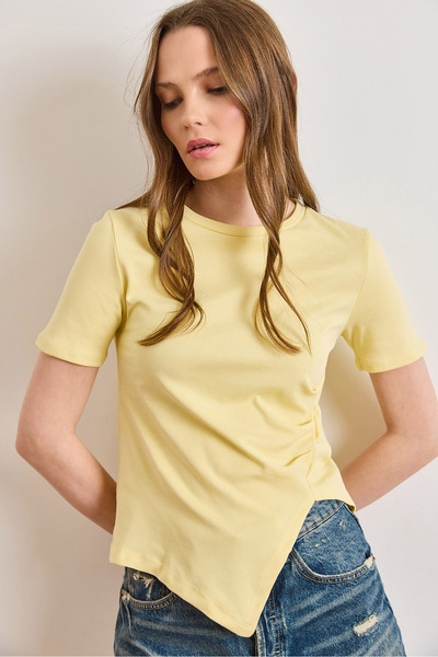 Olalook Women's Yellow Drape Detailed Asymmetrical Cut Cotton T-Shirt Tsh-190...