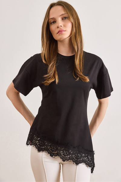 Olalook Women's Black Skirt Lace Asymmetrical Cotton T-Shirt Tsh-19000948