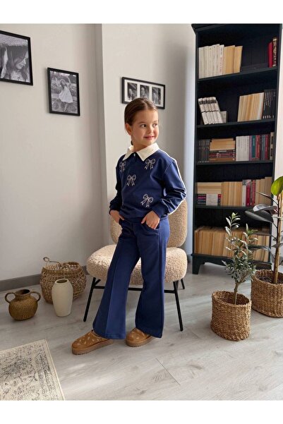 MİA SHİNE S Girl's Ribbon Embroidery Detailed Pantalon Sweat 2 Piece Combinat...
