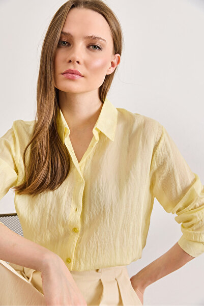Olalook Women's Light Yellow Patch Textured Long Sleeve Shirt Gml-19001428