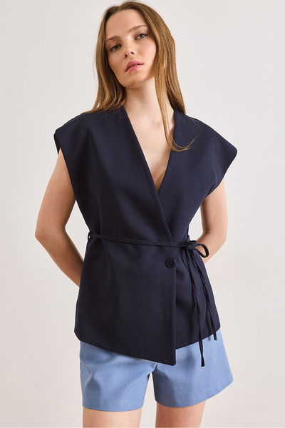 Olalook Women's Navy Blue Belted Single Button Lined Vest Ylk-19000054