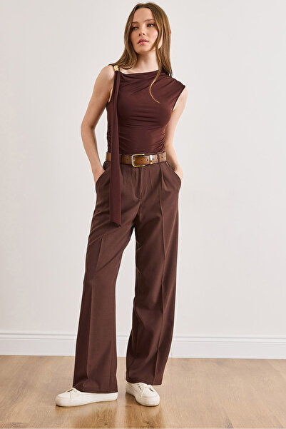 Olalook Women's Brown Elastic Back Pocketed Poly Viscose Palazzo Fabric Trous...