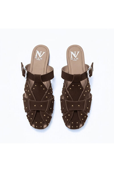 NE&VE SHOES Kahve Süet Pim Detaylı ve Tokalı Kadın Kare Burun Sabo Terlik