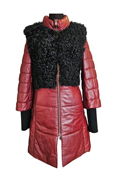 asus deri Genuine Leather Claret Red Women's Jacket with Curly Fur Detail