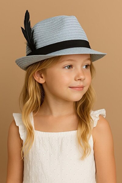 BONY SOCKS Çocuk Tüy Aksesuarlı Hasır Fötr Şapka Açık Mavi