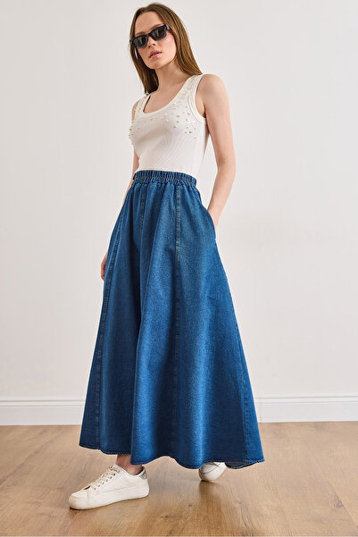 Olalook Albastru mediu pentru femei cu buzunare denim Maxi fustă cu croială î...