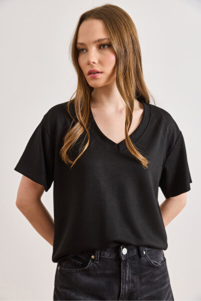 Olalook Women's Black V-Neck Modal Keys Basic T-Shirt Tsh-19000950